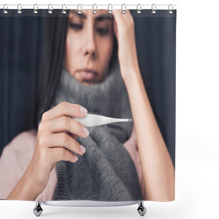 Personality  Close-up Shot Of Sick Young Woman In Scarf Looking At Electronic Thermometer Shower Curtains