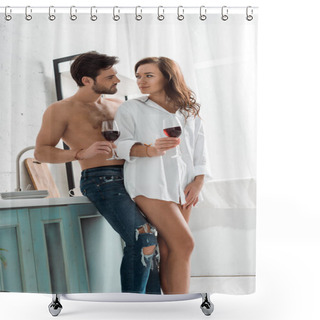 Personality  Low Angle View Of Handsome Shirtless Man Holding Wine Glass And Looking At Brunette Woman In Kitchen  Shower Curtains
