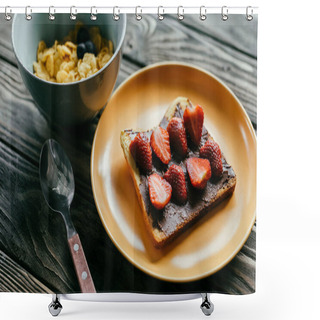 Personality  Breakfast With Corn Flakes And Toast With Strawberries On Wooden Table Shower Curtains
