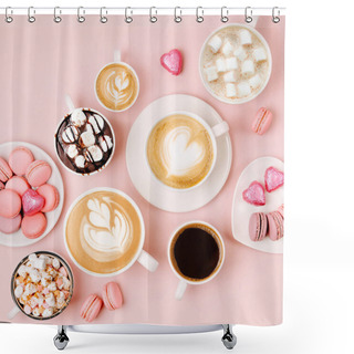 Personality  Various Kinds Of Coffee In Cups Of Different Size With Candys And Macaroons On Pale Pink Background Shower Curtains