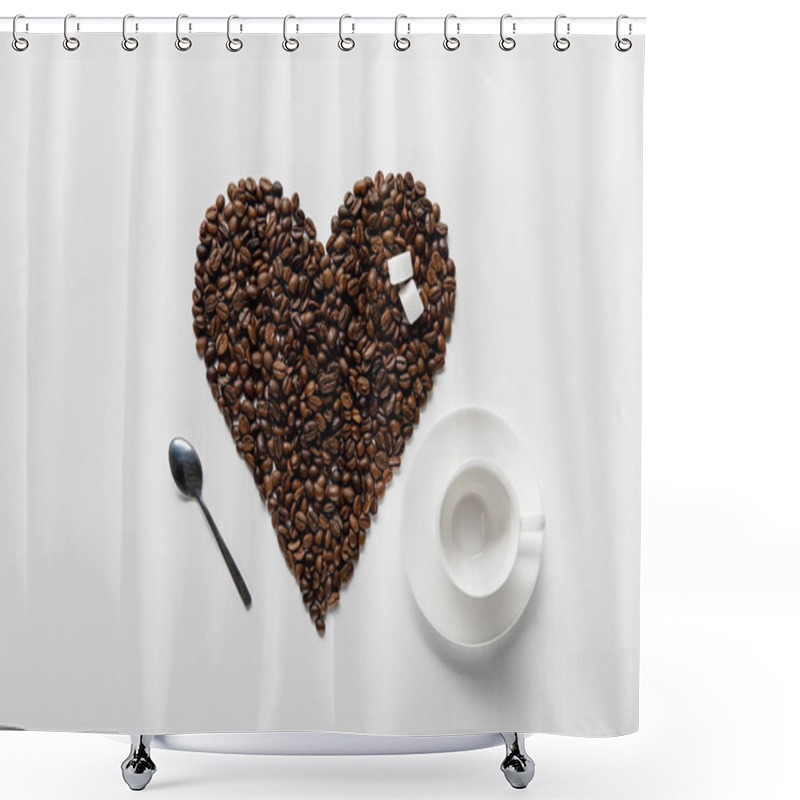 Personality  Top View Of Empty Cup Near Heart Made Of Coffee Grains With Sugar On White Background Shower Curtains