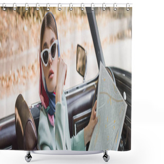 Personality  Elegant Woman Holding Map In Vintage Auto, Banner Shower Curtains