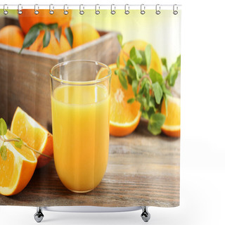 Personality  Glass Of Orange Juice With Crate Of Oranges And Slices On Wooden Table And Bright Background Shower Curtains