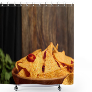 Personality  Close Up View Of Mexican Nachos With Chili Peppers Near Wooden Cutting Boards Isolated On Black Shower Curtains
