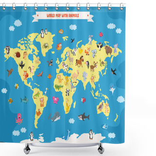 Personality  World Map With Cartoon Animals Shower Curtains