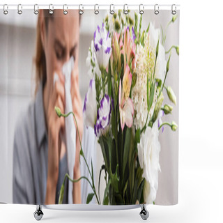 Personality  Panoramic Shot Of Bouquet Of Flowers Near Woman With Pollen Allergy Sneezing In Tissue  Shower Curtains