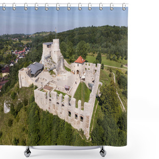 Personality  Rabsztyn, Poland. Ruins Of Medieval Royal Castle On The Rock In Polish Jurassic Highland. Rabsztyn Aerial View In Summer. . Ruins Of Medieval Royal Rabsztyn Castle In Poland. Aerial View In Surise Light In Summer.  Shower Curtains