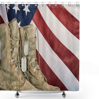 Personality  Old Combat Boots And Dog Tags With American Flag Shower Curtains