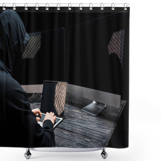 Personality  Hacker Using Laptop With Blank Screen Near Computer Monitors Isolated On Black  Shower Curtains