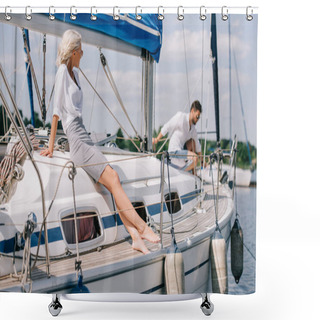 Personality  Beautiful Young Woman Sitting On Yacht And Looking At Man Behind Shower Curtains