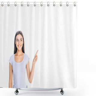 Personality  Portrait Of Smiling Young Woman Pointing Away Isolated On White Shower Curtains