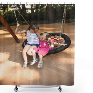 Personality  Sisters Spending Time Together While Playing With Nest Swing In Playground At Sunny Summer Day  Shower Curtains