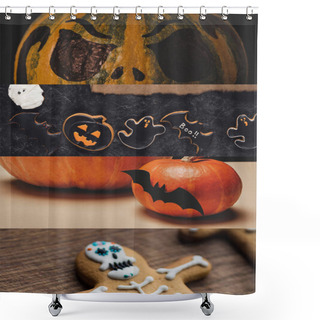 Personality  Collage Of Traditional Halloween Pumpkins And Cookies Shower Curtains