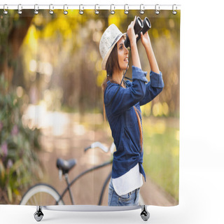 Personality  Young Woman Bird Watching At The Park Shower Curtains