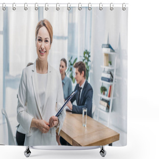 Personality  Selective Focus Of Cheerful Recruiter Standing With Clipboard Near Coworkers  Shower Curtains
