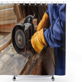 Personality  Cropped Shot Of Craftsman In Protective Gloves Using Grinding Machine At Sawmill Shower Curtains