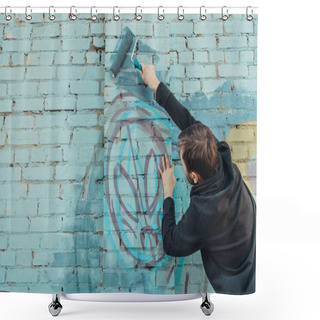 Personality  Male Street Artist Painting Colorful Graffiti On Wall With Roller Shower Curtains