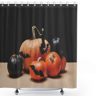 Personality  Orange And Black Pumpkins With Paper Bats On Table, Halloween Concept Shower Curtains
