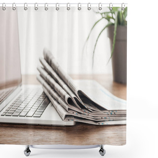 Personality  Laptop, Plant And Stack Of Newspapers On Wooden Tabletop Shower Curtains