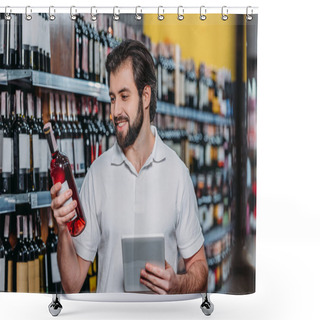 Personality  Portrait Of Smiling Shop Assistant With Tablet Looking At Bottle Of Wine In Hypermarket Shower Curtains