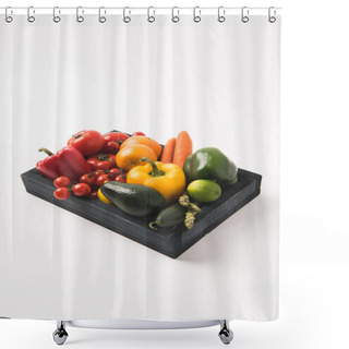 Personality  Juicy Raw Vegetables And Fruits In Dark Wooden Box Isolated On White Background Shower Curtains