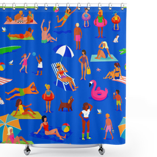 Personality  Seamless Pattern. A Lot Of People On The Night Sandy Beach. People Relax And Have Fun. Summer Vacation On The Sea Shore. Shower Curtains