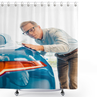Personality  Handsome Adult Man Touching Luxury Sport Car At Showroom Shower Curtains