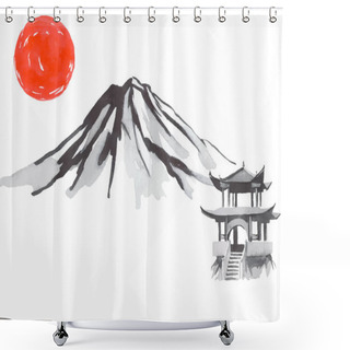 Personality  Japan Traditional Sumi-e Painting. Fuji Mountain, Sakura, Sunset. Japan Sun. Indian Ink Illustration. Japanese Picture Shower Curtains