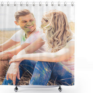 Personality  Blonde Woman And Handsome Man Smiling And Looking At Each Other  Shower Curtains