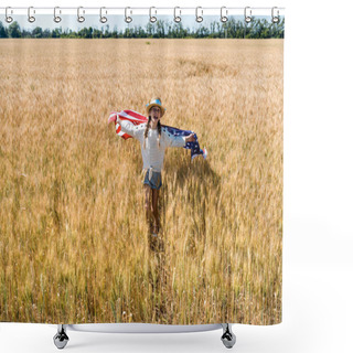 Personality  Cute And Cheerful Kid Holding American Flag With Stars And Stripes In Golden Field  Shower Curtains