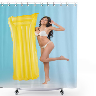 Personality  Brunette Woman Posing With Yellow Inflatable Mattress, Isolated On Blue Shower Curtains