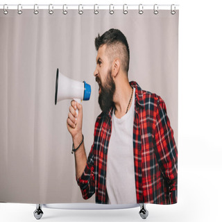 Personality  Angry Bearded Man In Checkered Shirt Screaming Into Megaphone, Isolated On Grey Shower Curtains