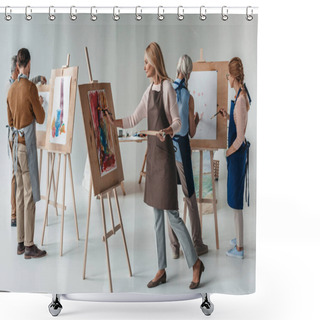 Personality  Group Of Male And Female Adult Students In Aprons Painting Together On Easels In Art Class Shower Curtains