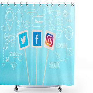 Personality  Cards With Twitter, Facebook And Instagram Logo And Social Media Icons Isolated On Blue Shower Curtains