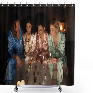 Personality  Divination, African American Woman In Pajama Holding Tarot Cards Near Multicultural Girlfriends With Wine And Candles On Table During Girls Night At Home, Bonding Time In Comfortable Sleepwear Shower Curtains