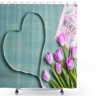 Personality  Top View Of Heart Symbol Made From Ribbon, Bouquet Of Tulips And Card With Lettering Happy Mothers Day On Blue Background  Shower Curtains