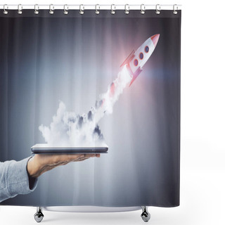 Personality  Hand Holding Smartphone With Launching Rocket On Dark Background. Startup And Technology Concept Shower Curtains