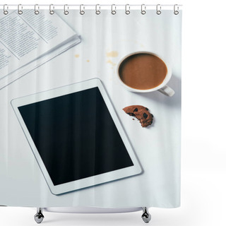 Personality  Top View Of Tablet With Coffee Cup And Bitten Chocolate Chip Cookie On White Surface Shower Curtains