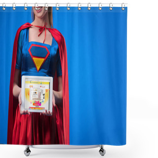 Personality  Partial View Of Woman In Superhero Costume Showing Tablet Isolated On Blue Shower Curtains