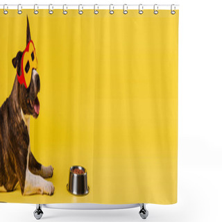 Personality  Purebred Staffordshire Bull Terrier In Superhero Mask Lying Near Bowl With Pet Food On Yellow, Banner Shower Curtains