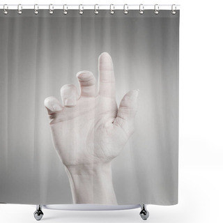 Personality  Cropped View Of Female Hand Painted In White Pointing With Finger On Grey  Shower Curtains