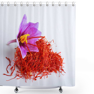 Personality  Fresh Saffron Flower On A Pile Of Saffron Threads On A White Background. Shower Curtains