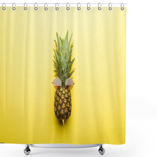 Personality  Top View Of Ripe Pineapple In Sunglasses On Yellow Background Shower Curtains