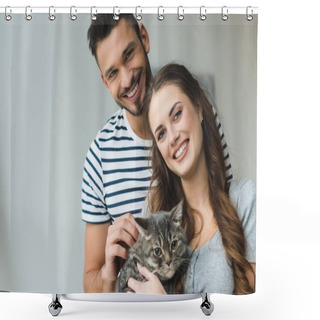 Personality  Smiling Young Couple Holding Cat In Hands And Looking At Camera Shower Curtains