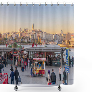 Personality  Eminonu Piazza Before Sunset With Floating Seafood Restaurants And City View Overlooking Galata Tower, Istanbul, Turkey Shower Curtains