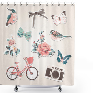 Personality  Vintage Things Set-birds,bows,flow Ers,bike,camera,but Terflies On Grunge Background Shower Curtains