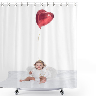 Personality  Baby Angel With Wings And Nimbus Holding Heart Balloon, Isolated On White Shower Curtains