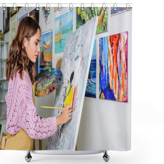 Personality  Side View Of Beautiful Female Artist Painting In Workshop Shower Curtains