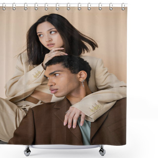 Personality  Fashionable Interracial Couple In Blazers Looking Away Isolated On Beige Shower Curtains