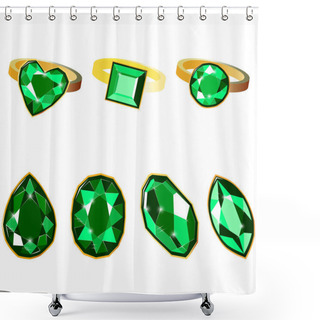 Personality  Fancy Vivid Emerald Diamond Gems And Golden Rings Isolated On White Background. Vector Illustration Jewels Or Precious Diamonds Gem Set. Diamonds Set. Shower Curtains